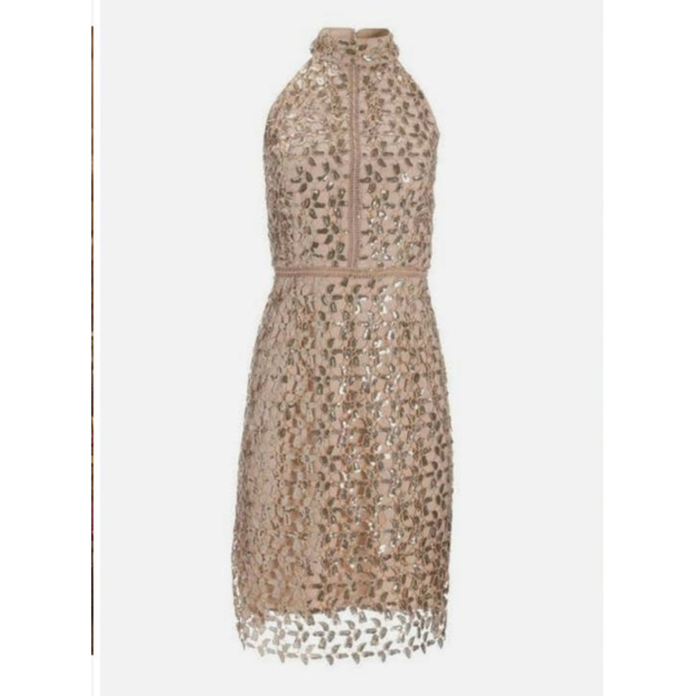 Boston Propper Sequin Lace High Mock Neck Sheath Dress Womens 4 Champagne NWT